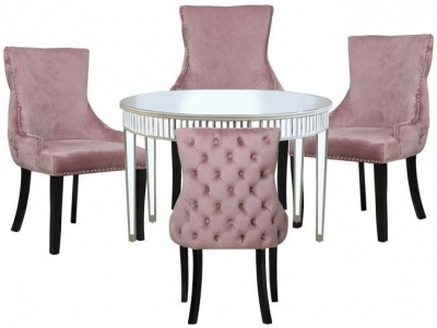 Killona Champagne Gold Mirrored Round Dining Table and 4 Tufted Back Pink Chair