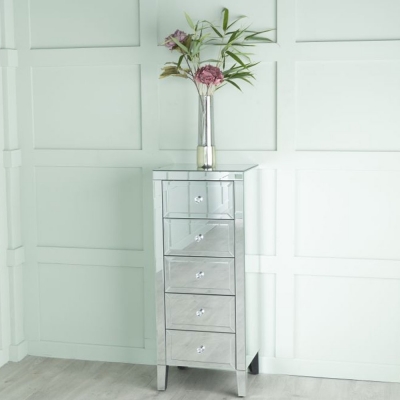 Valencia Mirrored 5 Drawer Narrow Chest - Tallboy