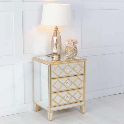 Marrakech Mirrored 3 Drawer Bedside Cabinet with Gold Trim
