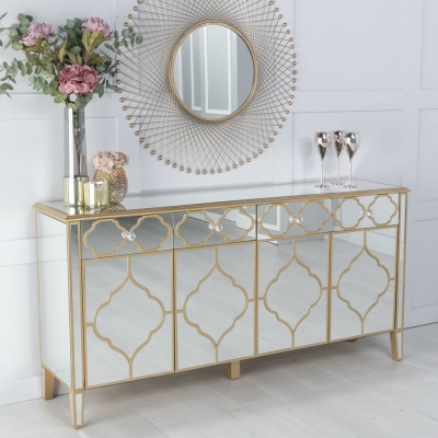 Marrakech Mirrored 4 Door Large Sideboard with Gold Trim