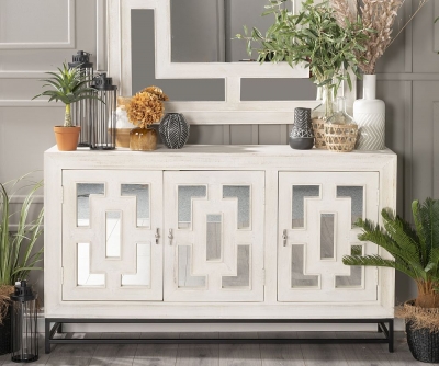 Portobello White Washed Painted Mirrored 3 Door Sideboard, Solid Mango Wood, 160cm Large Cabinet