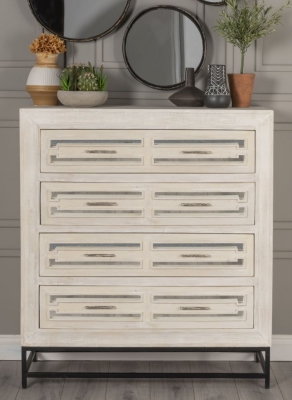Portobello White Washed Painted Mirrored Tall Boy Chest, Solid Mango Wood - 4 Drawers