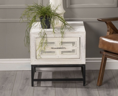 Portobello White Washed Painted Mirrored Side Table, Solid Mango Wood