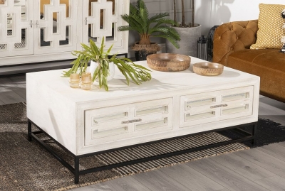 Portobello White Washed Painted Mirrored Storage Coffee Table, Solid Mango Wood - 2 Drawers