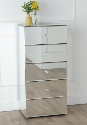 Francesca Mirrored 5 Drawer Narrow Chest - Tallboy