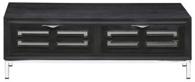 Portobello Black Painted Mirrored Storage Coffee Table, Solid Mango Wood with Stainless Steel Chrome Base - 2 Drawers